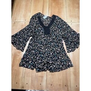 Woman Within Black Floral Print Beaded V Neck Bell Sleeve‎ Blouse Top 4X